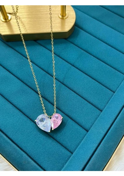 Mavi Pembe Renk Kalp Model Zirkon Taş Gece Işıltısı Çelik Kolye
