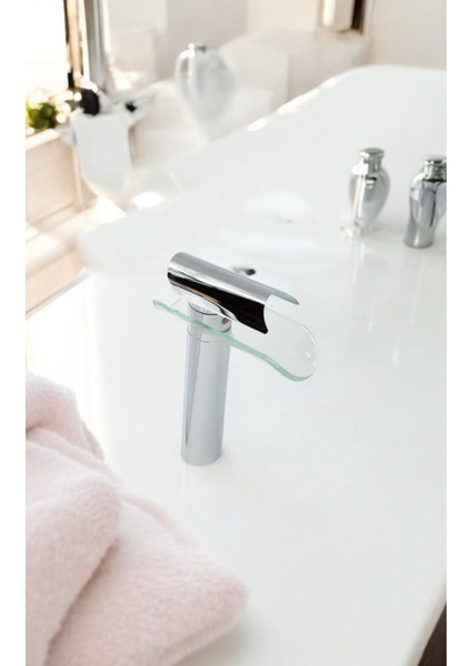Krom Glass Desing Çanak Lavabo Armatür Gümüş Cam Detaylı Yüksek Lavabo Armatür Şahconcept