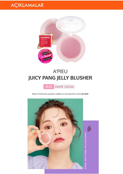 Meyve Renkleriyle Doğal ve Parlak Görünüm Sunan Jel Allık A'PIEU Juicy-Pang Jelly Blusher (VL01)