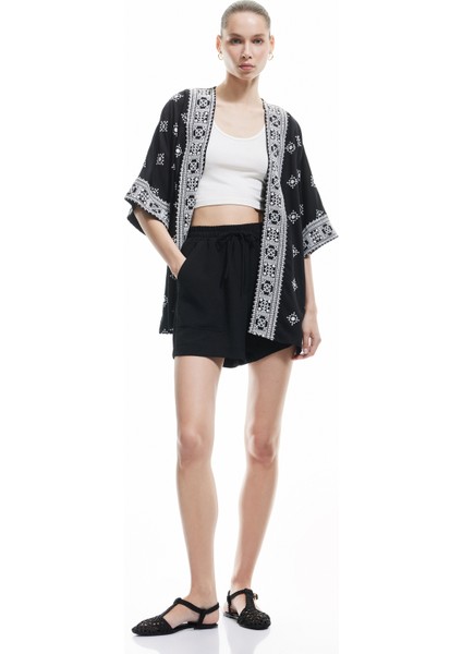 Viskon Yarım Kollu Etnik Kimono