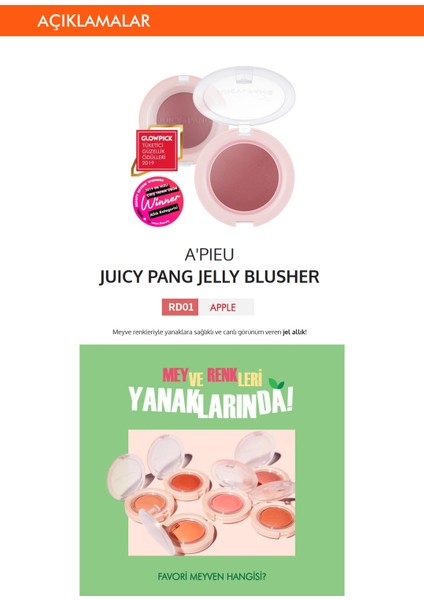 Meyve Renkleriyle Doğal ve Parlak Görünüm Sunan Jel Allık A'PIEU Juicy-Pang Jelly Blusher (RD01)