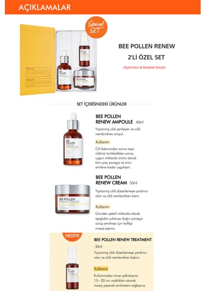Kuru Ciltlere Arı Poleni İçeren Yoğun Besleyici Yenileyici Bakım Seti Bee Pollen Renew Special Set fiyatları