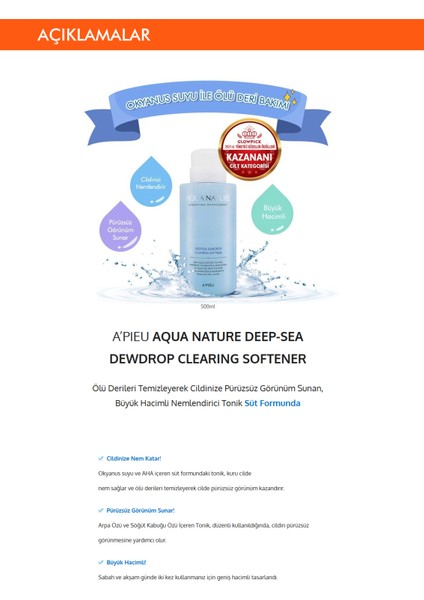 Pürüzsüzleştirici Tonik 500ml A'PIEU Aqua Nature Deep-Sea Dewdrop Clearing Softener fiyatları