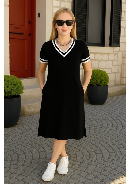 Kadın V Yaka Ribana Detay Kısa Kol Midiboy Viskon Elbise fırsatları