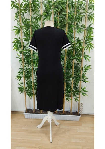 Kadın V Yaka Ribana Detay Kısa Kol Midiboy Viskon Elbise indirimleri