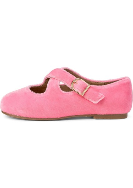 Pembe Kadife Balerin Ayakkabı Altın Tokalı Kayışlı Kaymaz Taban