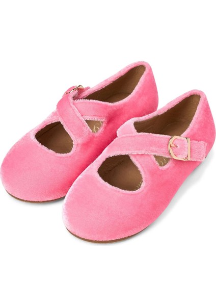 Pembe Kadife Balerin Ayakkabı Altın Tokalı Kayışlı Kaymaz Taban