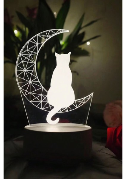 3D Kedi Yarım Ay Tasarımlı LED Gece Lambası Hediyelik Masa Lambası