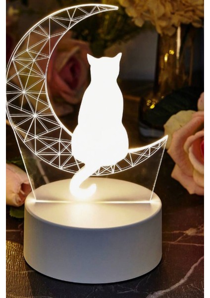 3D Kedi Yarım Ay Tasarımlı LED Gece Lambası Hediyelik Masa Lambası fiyatları