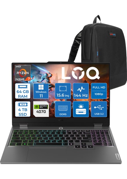 Loq 15ARP9 Amd Ryzen 7 7435HS 64GB Ddr5 4tb SSD Windows 11 Pro 4070 8gb 115W 15.6" Fhd (1920X1080) IPS 300NITS 144Hz Taşınabilir Bilgisayar 83JC00FGTRP40 + Zetta Çanta