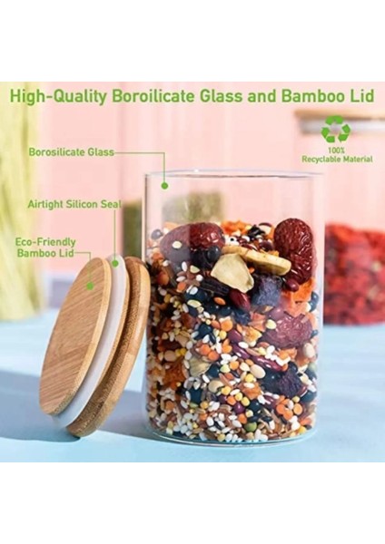 Borosilikat 3'lü 1000 cc (90 mm X 140 mm) Saklama Kabı - Bambu Kapaklı - Sızdırmaz Contalı