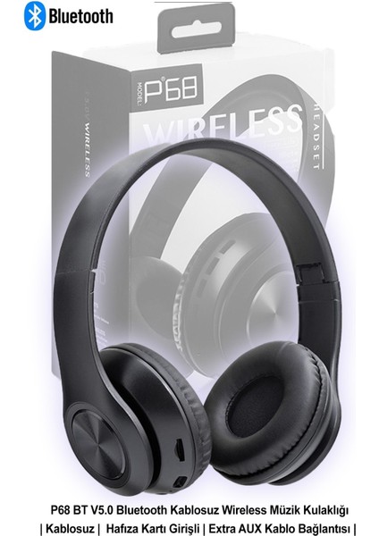 P68 Kablosuz Bluetooth Kulaklık | Aux + TF Kart Destekli | 200 Saat Bekleme | HiFi Stereo