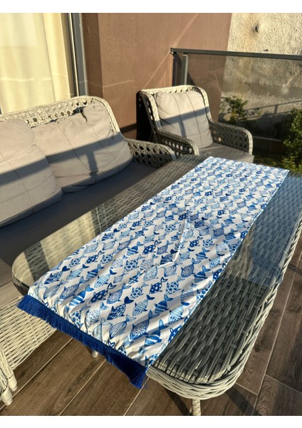 135X43 cm Püsküllü Saks Mavi Balıklar Baskılı Runner