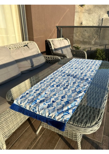 135X43 cm Püsküllü Saks Mavi Balıklar Baskılı Runner fiyatları