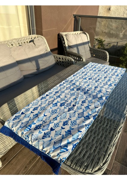 135X43 cm Püsküllü Saks Mavi Balıklar Baskılı Runner modelleri