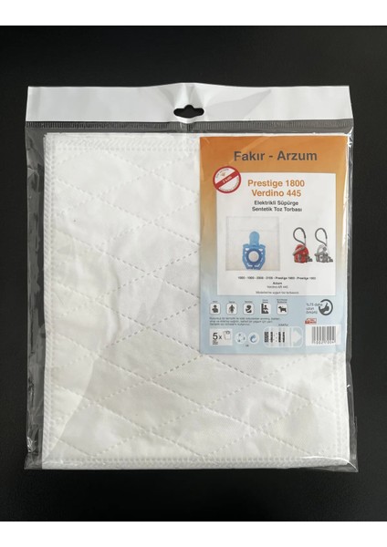 5 Adet Fakır-Arzum Prestige 1800- Verdino 445 Elektrikli Süpürge Sentetik Toz Torbası