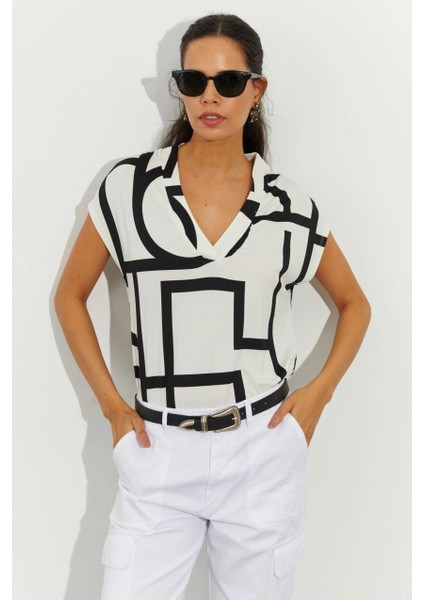 Kadın Beyaz Desenli V Yaka Bluz LPP1217 modelleri