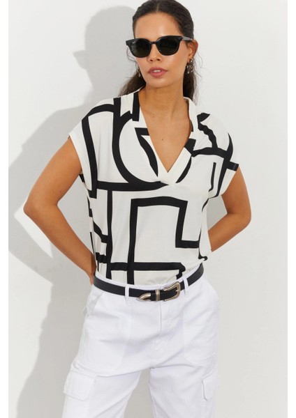 Kadın Beyaz Desenli V Yaka Bluz LPP1217 indirimleri