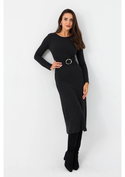 Kadın Antrasit Tokalı Midi Elbise EY2984