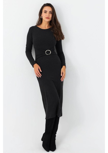 Kadın Antrasit Tokalı Midi Elbise EY2984 fiyatları