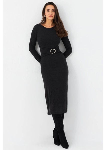 Kadın Antrasit Tokalı Midi Elbise EY2984 modelleri