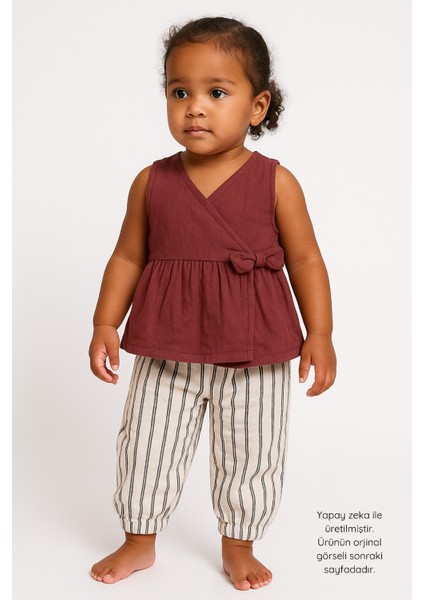 Kız Bebek Yazlık 2'li Takım – Kolsuz Bordo Bluz & Çizgili Şalvar Pantolon, %100 Pamuk