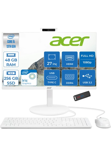 Aspire C27 1E13U5UNH Intel Core I5 1334U 48GB Ram 256GB SSD Freedos Iris® Xe Graphics 27" Full Hd IPS 120Hz All In One Bilgisayar DQBNDEM002F26 + Zetta Flash Bellek