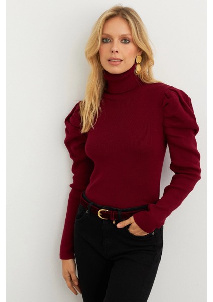 Kadın Bordo Prenses Kol Balıkçı Yaka Triko Bluz SF2555