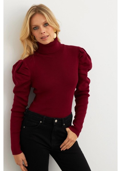 Kadın Bordo Prenses Kol Balıkçı Yaka Triko Bluz SF2555 fiyatları