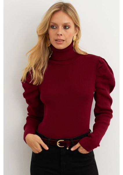 Kadın Bordo Prenses Kol Balıkçı Yaka Triko Bluz SF2555 modelleri