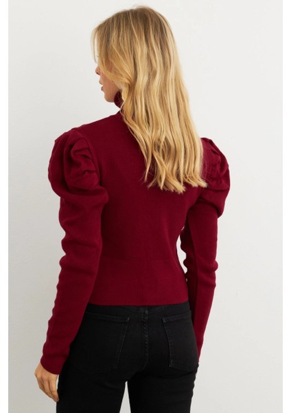 Kadın Bordo Prenses Kol Balıkçı Yaka Triko Bluz SF2555 fırsatları