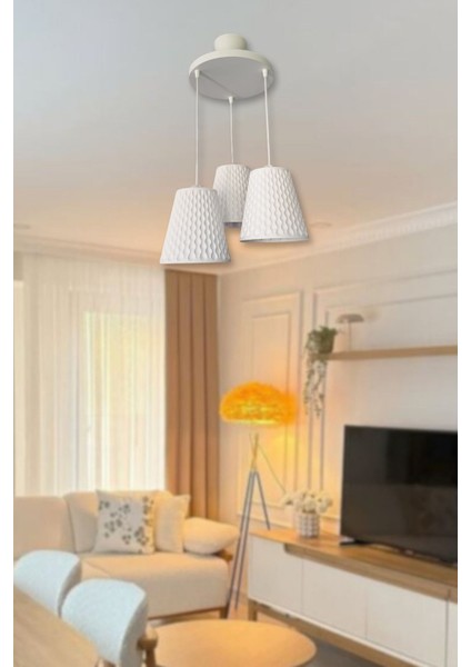Modern Beyaz 3'lü Sarkıt Avize Petek Desenli Beton Görünümlü Ayarlanabilir Salon Mutfak Avizesi Ofis