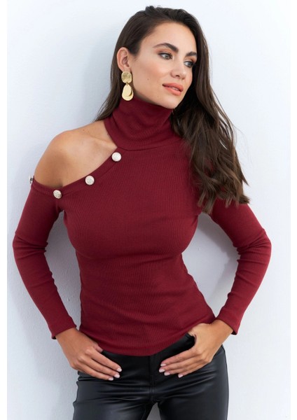 Kadın Bordo Tek Omuz Açık Kaşkorse Balıkçı Bluz EY2947