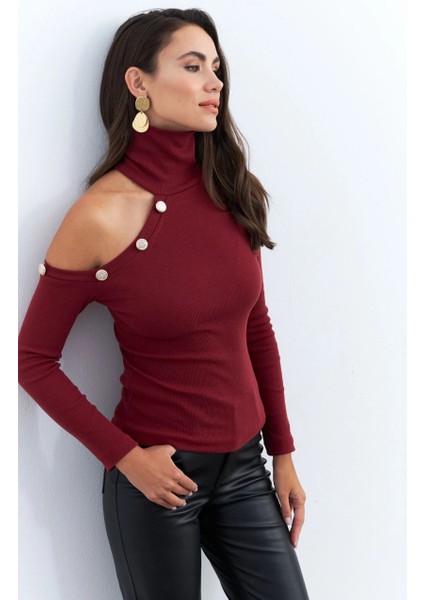Kadın Bordo Tek Omuz Açık Kaşkorse Balıkçı Bluz EY2947 fırsatları