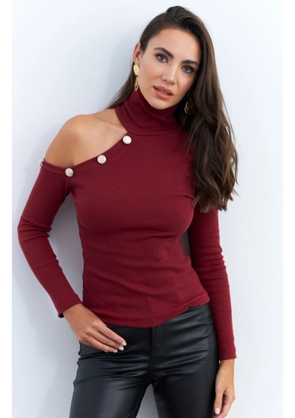 Kadın Bordo Tek Omuz Açık Kaşkorse Balıkçı Bluz EY2947 indirimleri