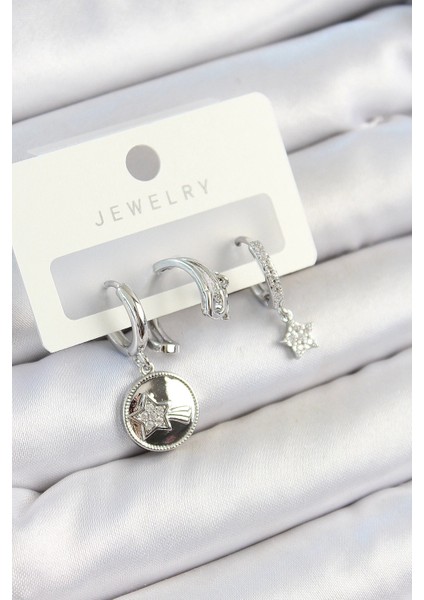 Pirinç Zirkon Taşlı Sallantılı Yıldız Model Gümüş Renk 3'lü Çift Kadın Küpe Set - TJ-BKP10792