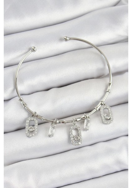 Pirinç Zirkon Taşlı Dikdörtgen Model Gümüş Renk Charm Bileklik - TJ-BB7351