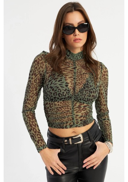 Kadın Haki Büzgülü Leopar Tül Bluz AYD379