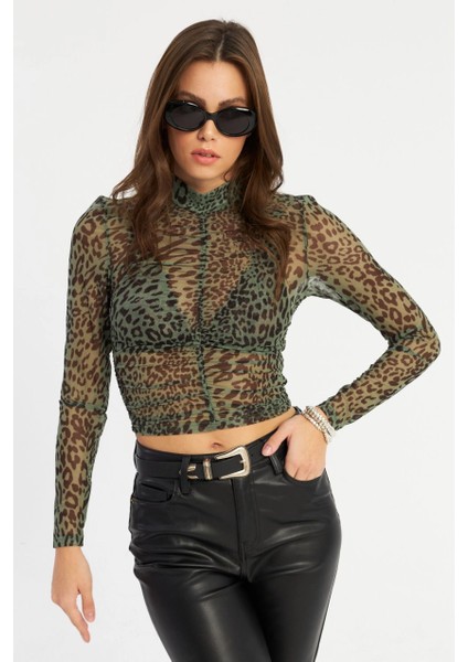 Kadın Haki Büzgülü Leopar Tül Bluz AYD379 modelleri