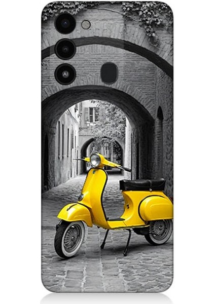 Tecno Spark 8c Uyumlu Taş Sokakta Sarı Vespa Motosiklet Desenli Silikon Kılıf