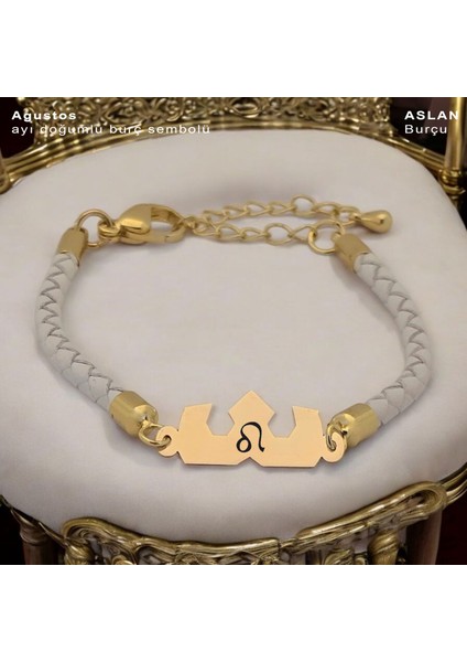 Ağustos Ayı Doğumları İçin 14 Ayar Altın Plakalı Siyah Derili Taç Figürlü Hediye Bileklik-462AY