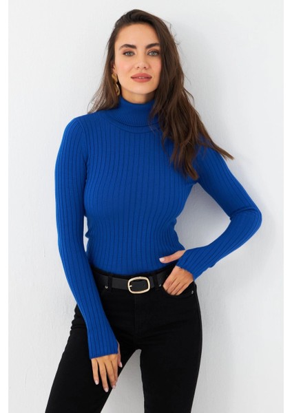 Kadın Saks Balıkçı Yaka Triko Bluz MYV102-90