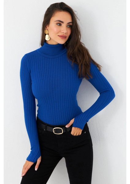 Kadın Saks Balıkçı Yaka Triko Bluz MYV102-90 modelleri