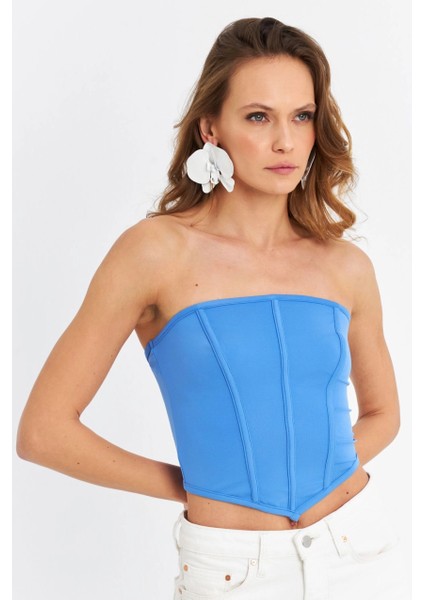 Kadın Mavi Straplez Crop Bluz B6081 modelleri