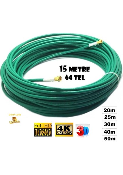 15 Metre 64 Tel Gold Uçlu Rg6/u4 Uydu Anten Kablosu 3D 4K Fullhd 1080 Uyumlu Tak Kullan Yeşil