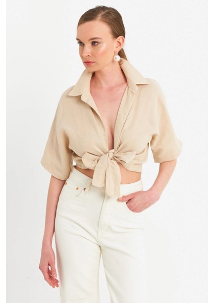 Kadın Vanilya Bağlamalı Keten Bluz BTH16
