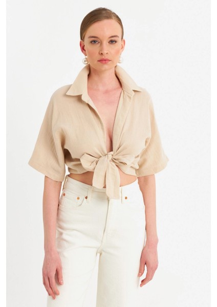 Kadın Vanilya Bağlamalı Keten Bluz BTH16 fiyatları