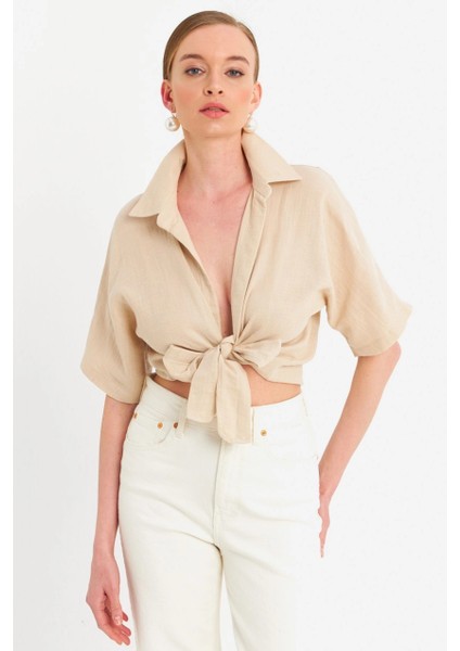 Kadın Vanilya Bağlamalı Keten Bluz BTH16 modelleri