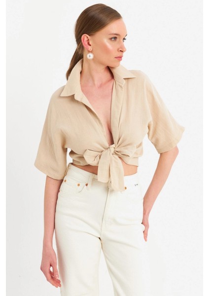 Kadın Vanilya Bağlamalı Keten Bluz BTH16 fırsatları
