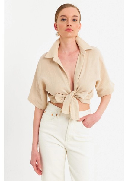 Kadın Vanilya Bağlamalı Keten Bluz BTH16 indirimleri